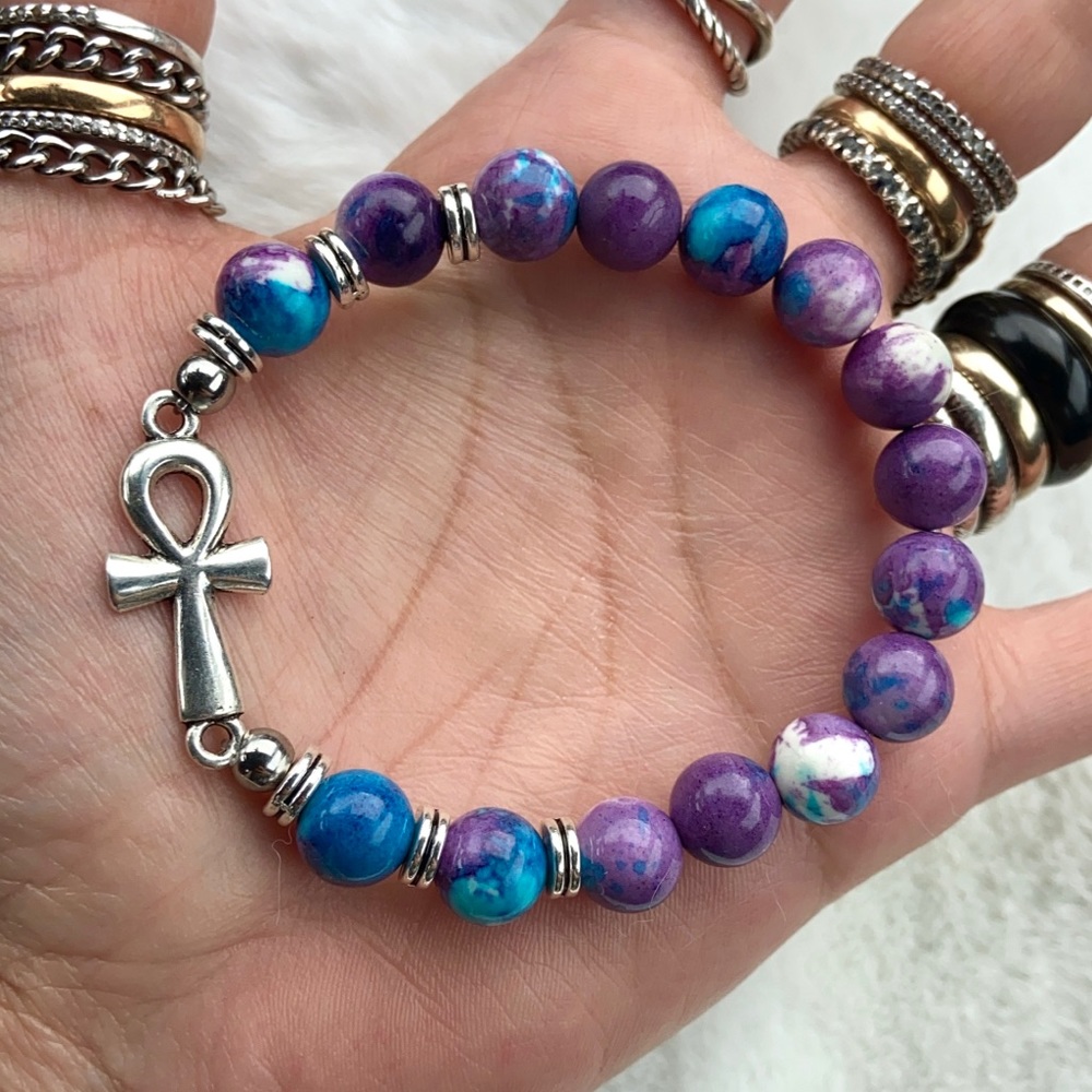 Purple blue snowflake jasper ankh cross bracelet - Picture 1 of 10